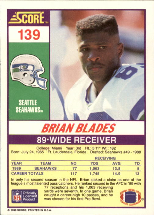 1990 Score #139 Brian Blades back image
