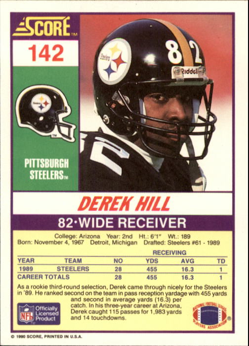 1990 Score #142 Derek Hill RC back image