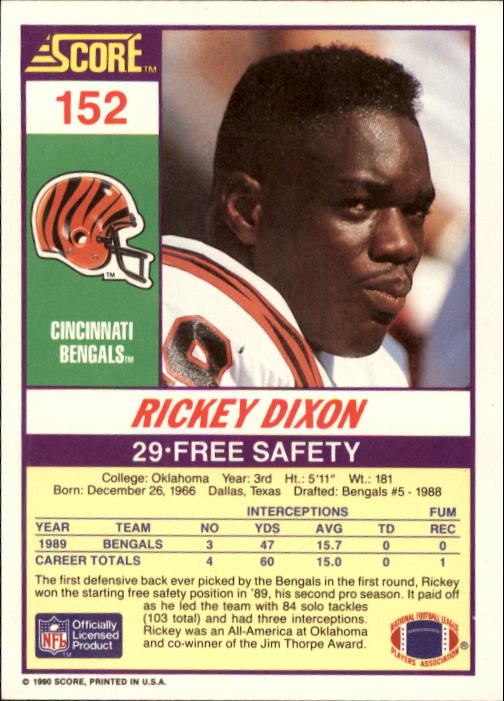 1990 Score #152 Rickey Dixon RC back image