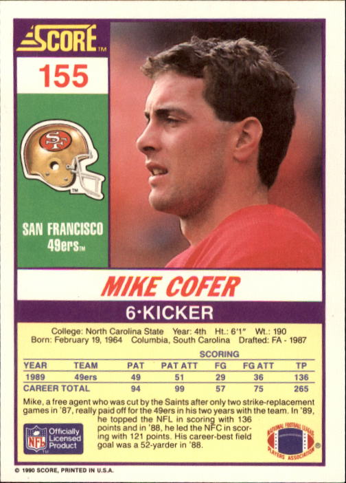 1990 Score #155 Mike Cofer back image