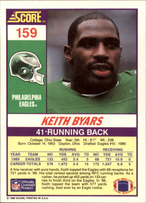 1990 Score #159 Keith Byars back image