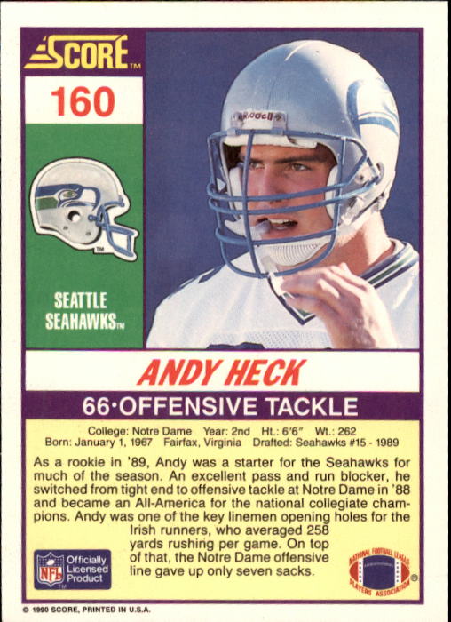 1990 Score #160 Andy Heck back image