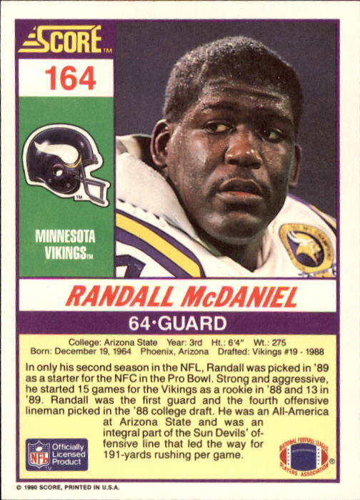 1990 Score #164 Randall McDaniel back image
