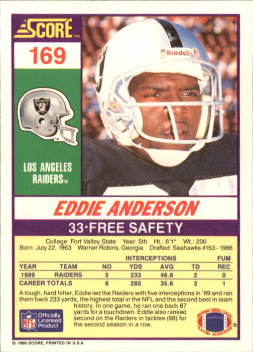 1990 Score #169 Eddie Anderson RC back image