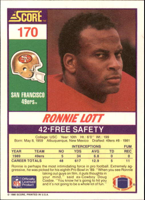 1990 Score #170 Ronnie Lott back image