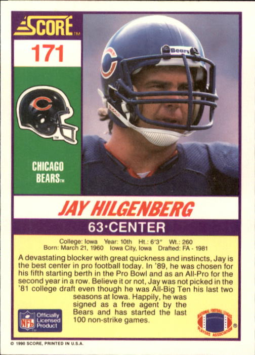 1990 Score #171 Jay Hilgenberg back image