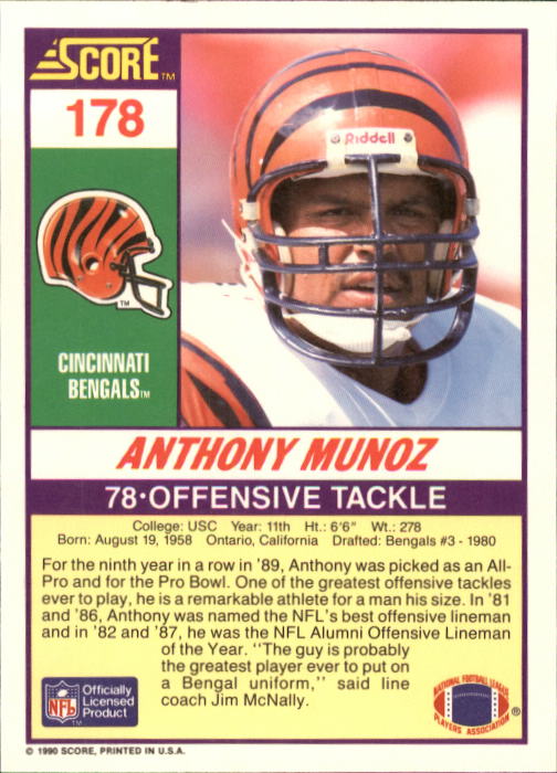 1990 Score #178 Anthony Munoz back image
