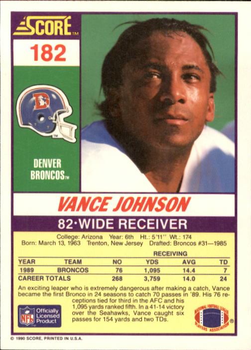 1990 Score #182 Vance Johnson back image