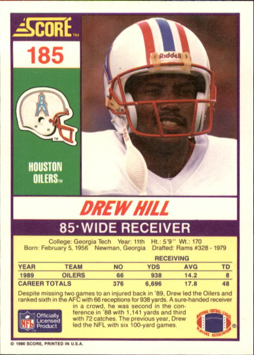 1990 Score #185 Drew Hill back image