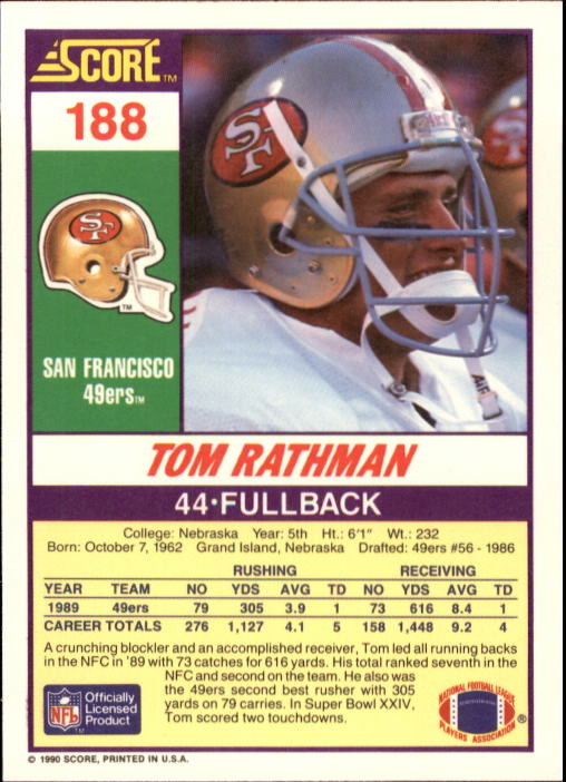 1990 Score #188 Tom Rathman UER/(On back, blocker misspelled) back image