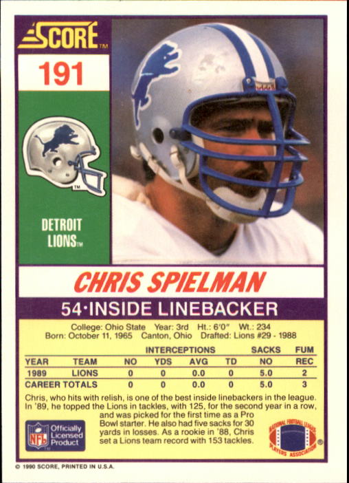 1990 Score #191 Chris Spielman back image