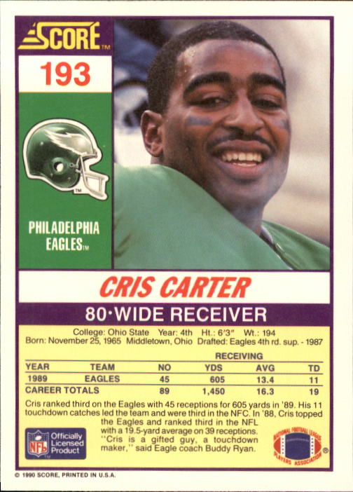 1990 Score #193 Cris Carter back image