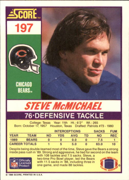 1990 Score #197 Steve McMichael back image