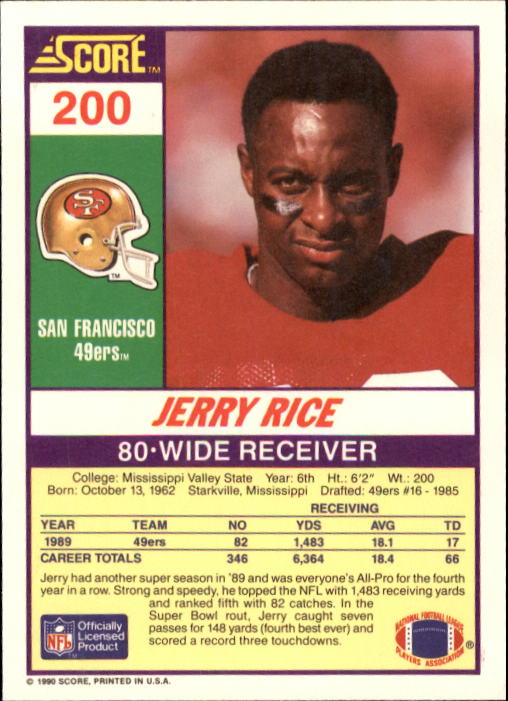 1990 Score #200 Jerry Rice back image
