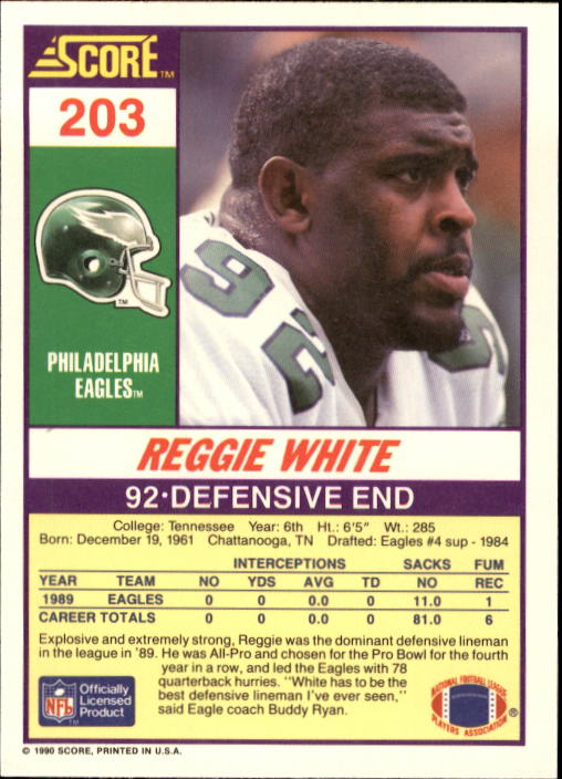 1990 Score #203 Reggie White back image