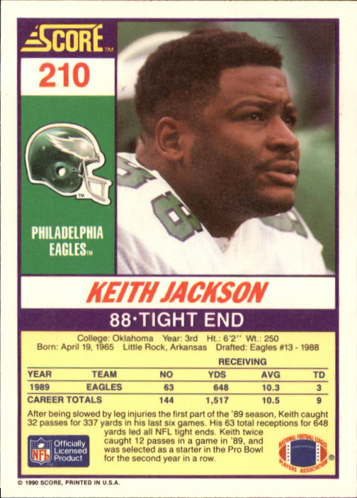 1990 Score #210 Keith Jackson back image