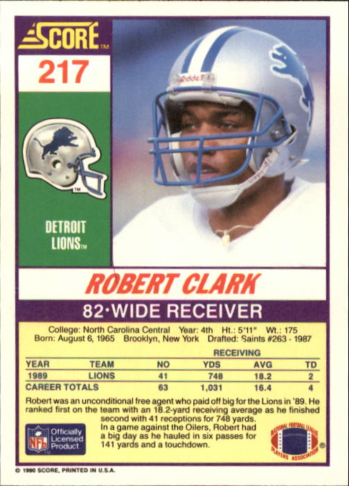 1990 Score #217 Robert Clark RC back image