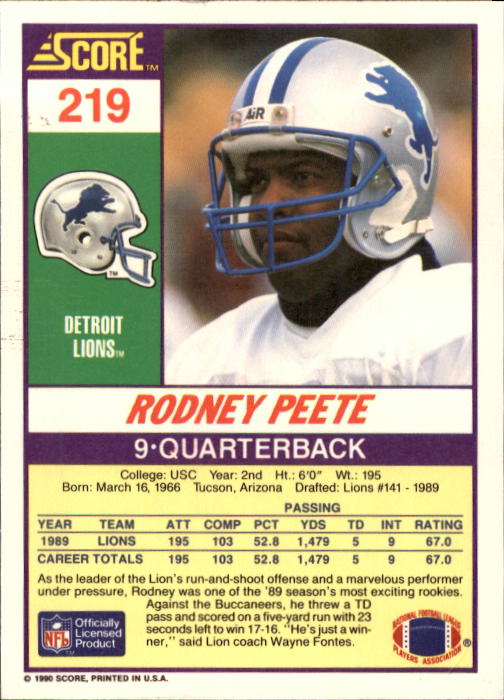 1990 Score #219 Rodney Peete back image
