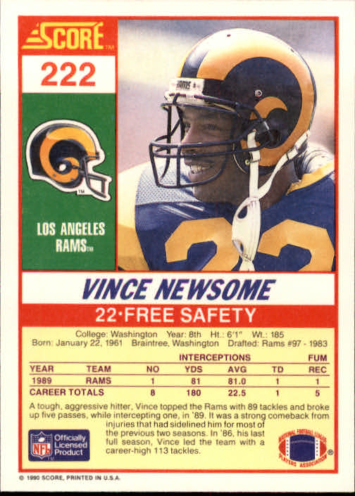 1990 Score #222 Vince Newsome RC back image