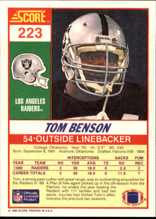 1990 Score #223 Thomas Benson RC back image