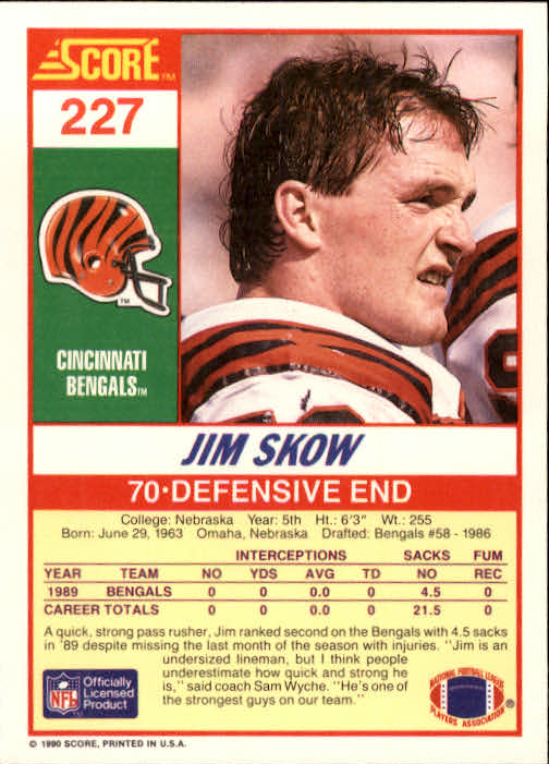 1990 Score #227 Jim Skow back image