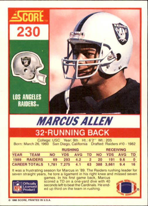 1990 Score #230 Marcus Allen back image