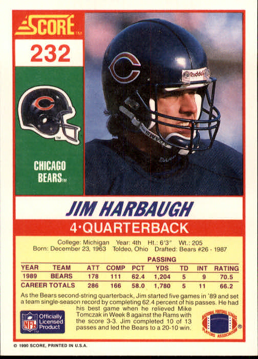 1990 Score #232 Jim Harbaugh back image