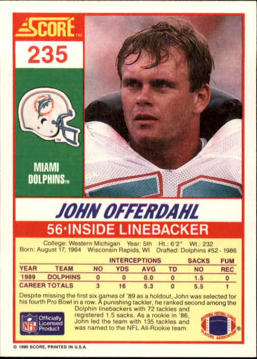 1990 Score #235 John Offerdahl back image