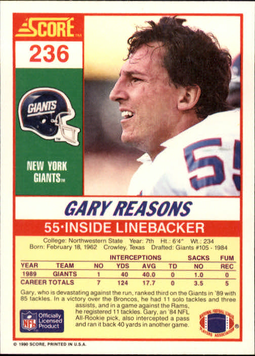 1990 Score #236 Gary Reasons back image