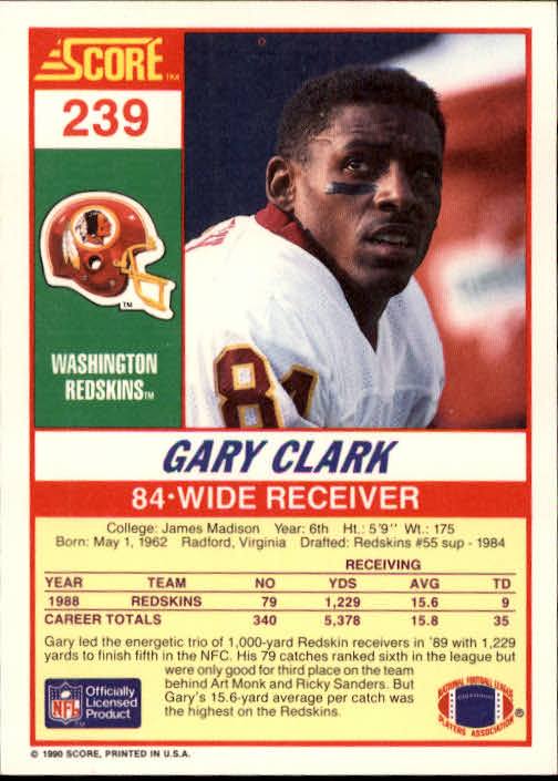 1990 Score #239 Gary Clark UER/(Stats read 1988,/not 1989) back image