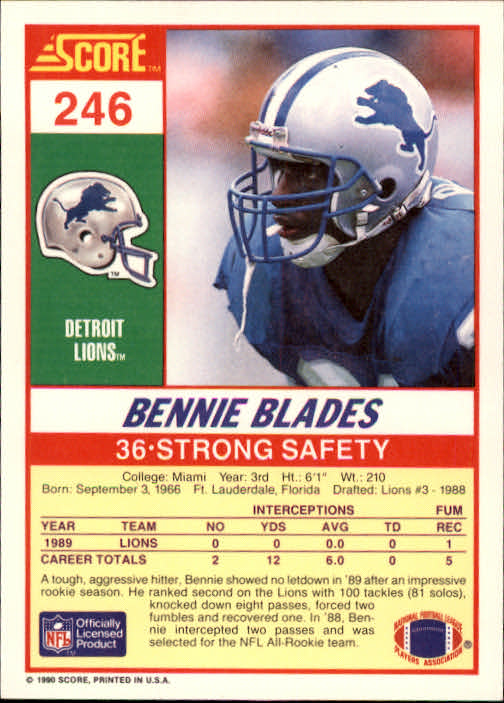 1990 Score #246 Bennie Blades back image