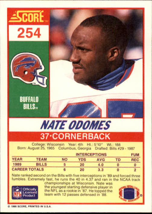 1990 Score #254 Nate Odomes RC back image