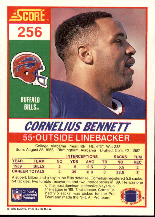 1990 Score #256 Cornelius Bennett back image