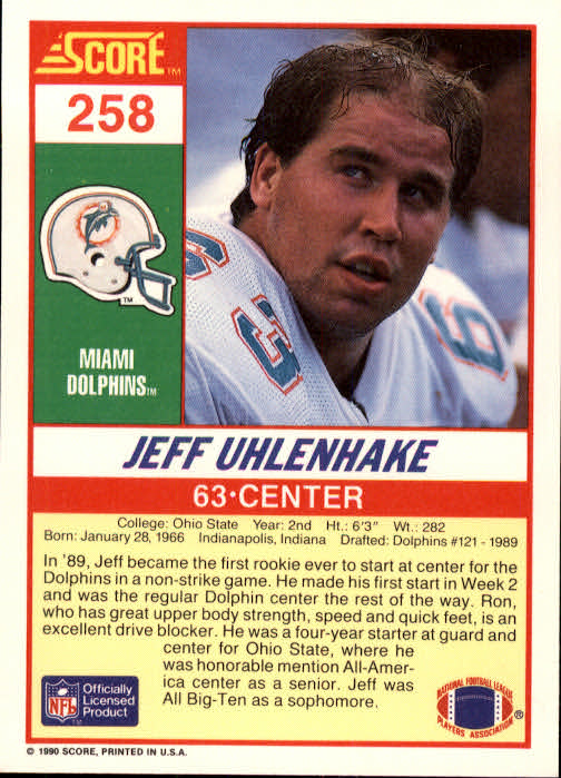 1990 Score #258 Jeff Uhlenhake UER/(Text calls him Ron) back image