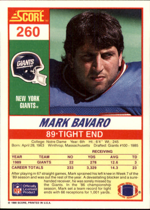 1990 Score #260 Mark Bavaro back image
