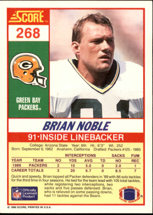 1990 Score #268 Brian Noble back image