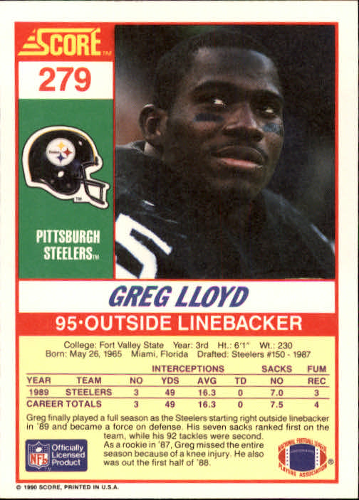 1990 Score #279 Greg Lloyd back image
