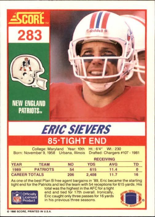 1990 Score #283 Eric Sievers RC back image