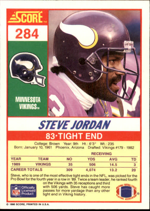 1990 Score #284 Steve Jordan back image
