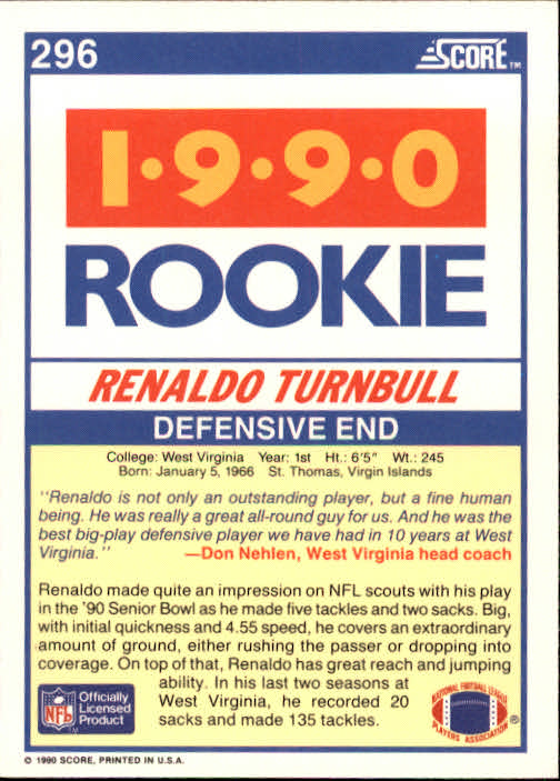 1990 Score #296 Renaldo Turnbull RC back image
