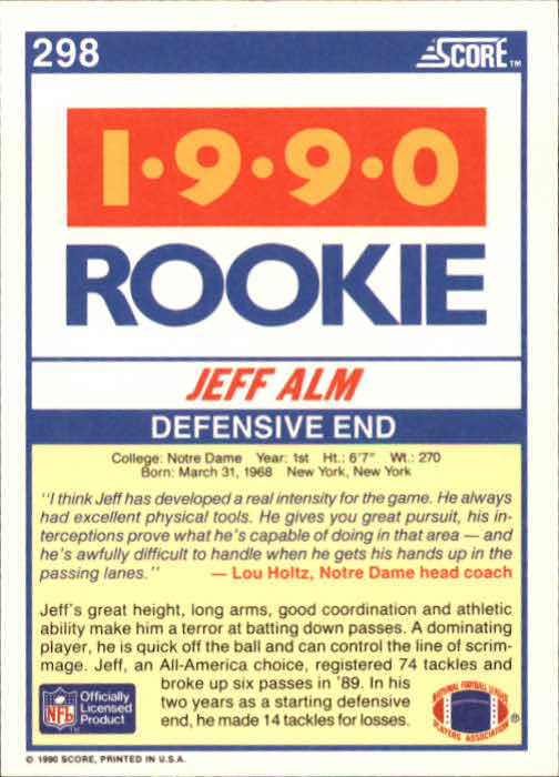1990 Score #298 Jeff Alm RC back image