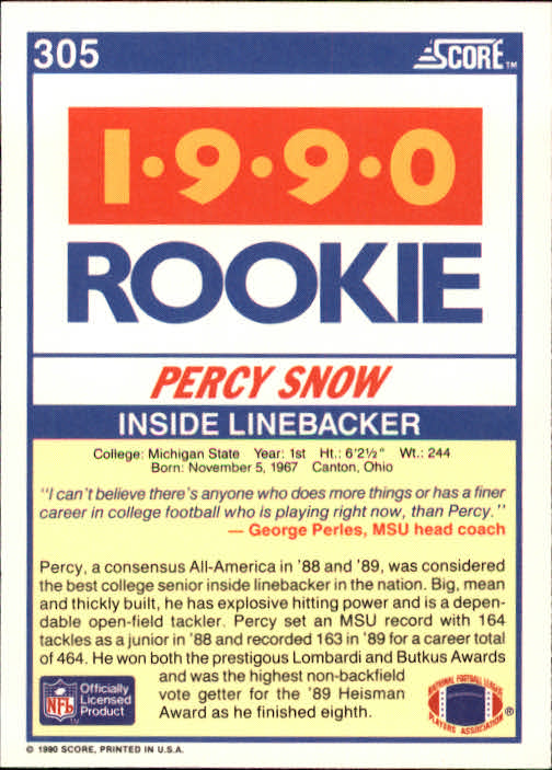1990 Score #305 Percy Snow RC back image