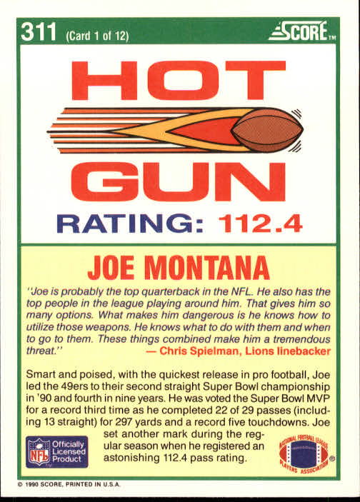 1990 Score #311 Joe Montana HG back image