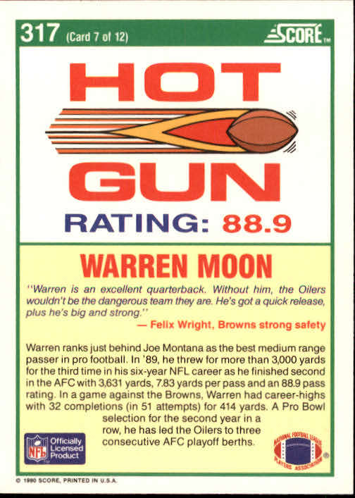 1990 Score #317 Warren Moon HG Moon - NM-MT - Ziggy's Eastpointe  Sportscards