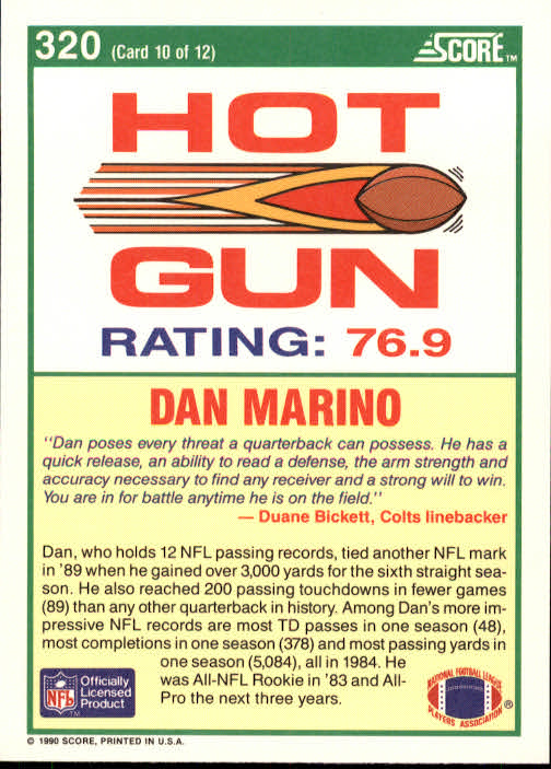 1990 Score #320 Dan Marino HG UER/(Text says 378 com-/pletions in 1984,/should be 1986) back image
