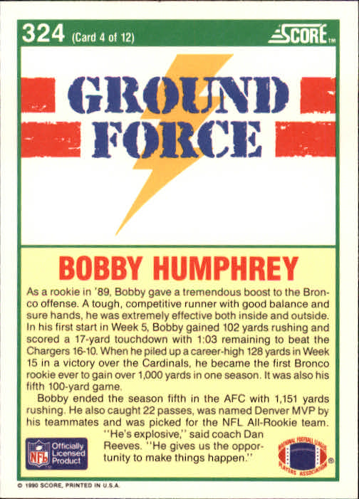 1990 Score #324 Bobby Humphrey GF back image