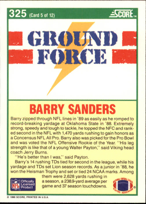 1990 Score #325 Barry Sanders GF back image