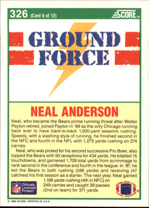 1990 Score #326 Neal Anderson GF back image