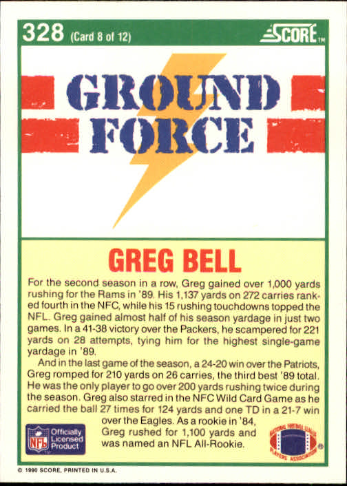 1990 Score #328 Greg Bell GF back image