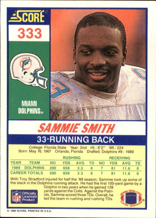 1990 Score #333 Sammie Smith back image